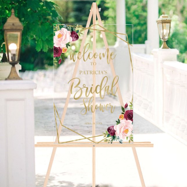 Blush Burgundy Floral Bridal Shower Welcome Acrylic Sign (Creator Uploaded)