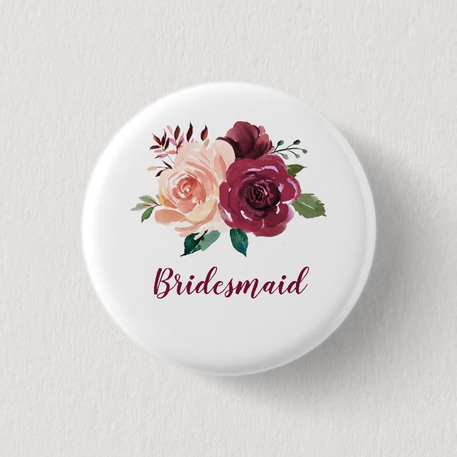 Blush Burgundy Floral Bridesmaid 3 Cm Round Badge (Front)