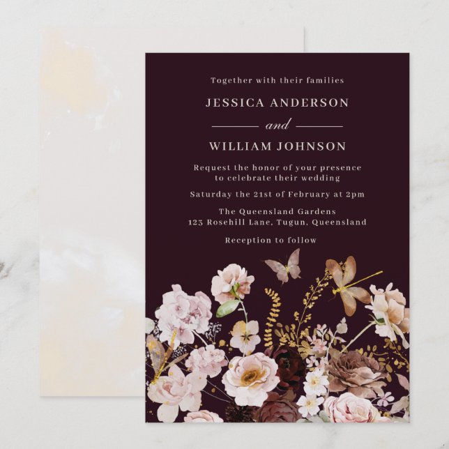 Blush & Burgundy Floral Butterflies Fall Wedding Invitation (Front/Back)
