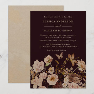Blush & Burgundy Floral Butterflies Fall Wedding Invitation