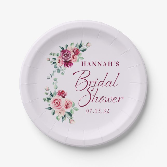 Blush Burgundy Floral Cake Bridal Shower Paper Plate (Front)