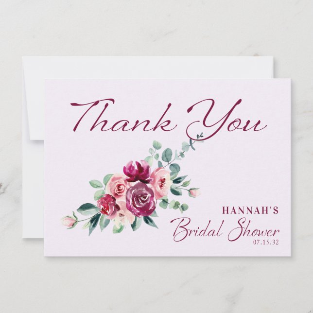 Blush Burgundy Floral Cake Bridal Shower Thank You Card (Front)