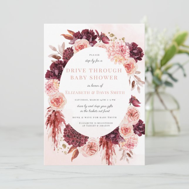 Blush Burgundy Floral Drive By Girl Baby Shower Invitation (Standing Front)