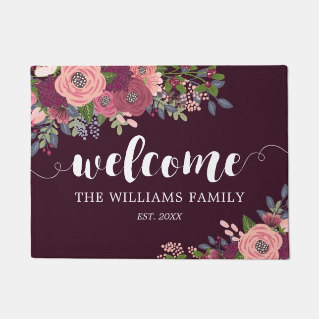 Blush Burgundy Floral Family Name Welcome Doormat (Front)