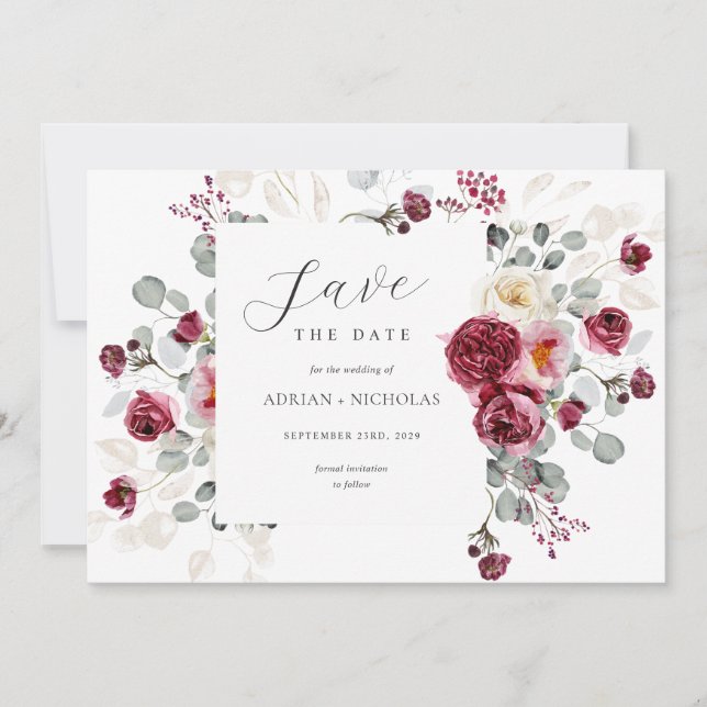 Blush & Burgundy Floral Frame Wedding Save The Date (Front)