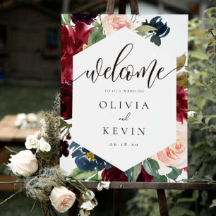 Blush & Burgundy Floral Frame Wedding Welcome Sign