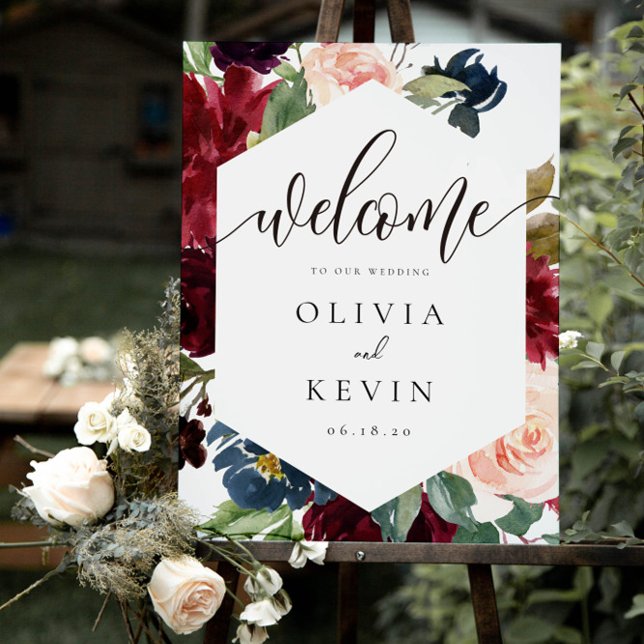 Blush & Burgundy Floral Frame Wedding Welcome Sign (Creator Uploaded)