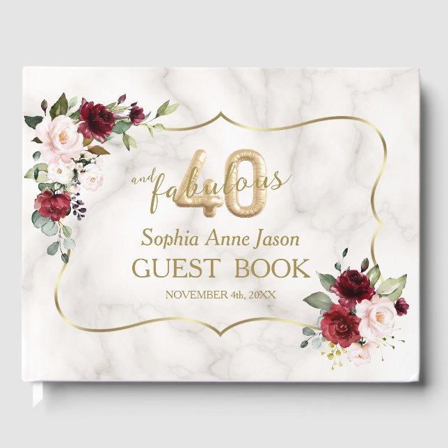 Blush Burgundy Floral Gold 40 & Fabulous Birthday Guest Book (Front)