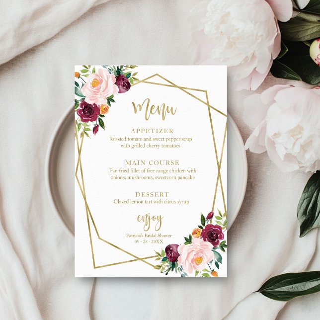 Blush Burgundy Floral Gold Bridal Shower Menu Invitation (Creator Uploaded)