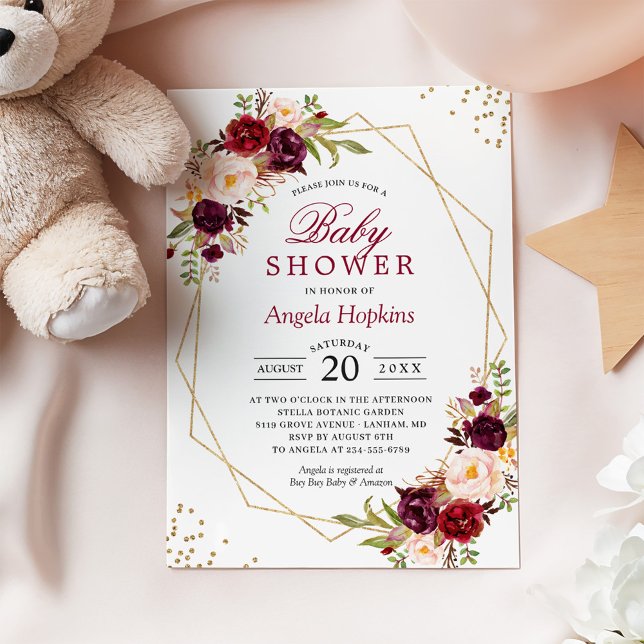 Blush Burgundy Floral Gold Frame Baby Shower Invitation (Creator Uploaded)