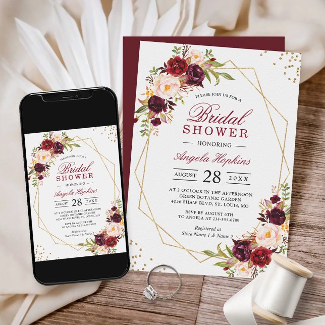 Blush Burgundy Floral Gold Frame Bridal Shower Invitation (Creator Uploaded)