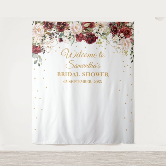 Blush burgundy floral gold frame Bridal Shower Tapestry (Front)