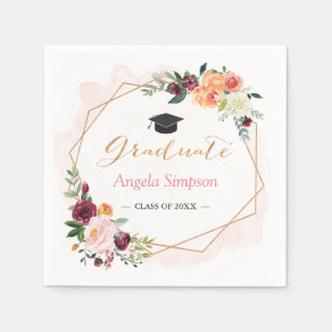 Blush Burgundy Floral Gold Frame Graduation Party Napkin