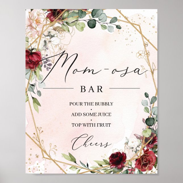 Blush burgundy floral gold frame Mum-osa bar sign (Front)