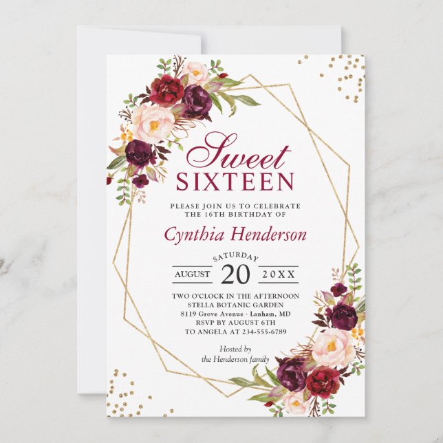 Blush Burgundy Floral Gold Frame Sweet Sixteen 16 Invitation (Front)