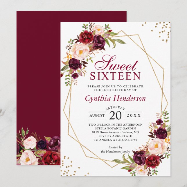 Blush Burgundy Floral Gold Frame Sweet Sixteen 16 Invitation (Front/Back)
