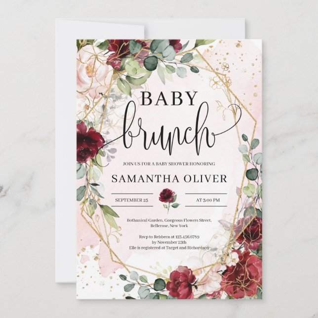 Blush burgundy floral gold geometric baby brunch invitation (Front)