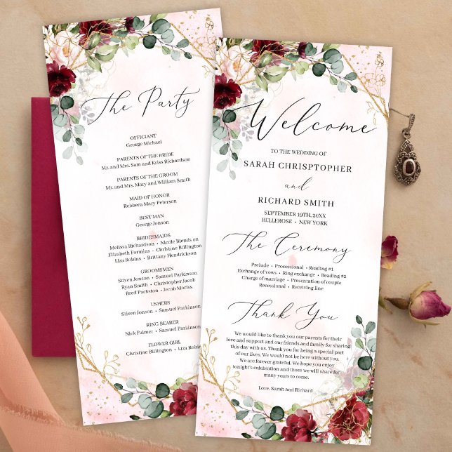Blush burgundy floral gold geometric boho wedding programme (Chic deep red merlot flowers roses mixed eucalyptus greenery and gold geometric wedding program )
