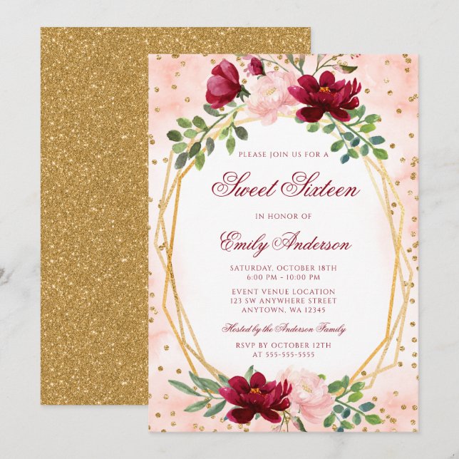 Blush Burgundy Floral Gold Geometric Sweet 16 Invitation (Front/Back)