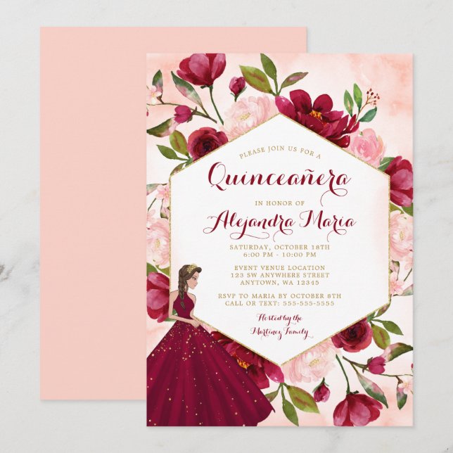 Blush Burgundy Floral Gold Gown Quinceanera Invitation (Front/Back)