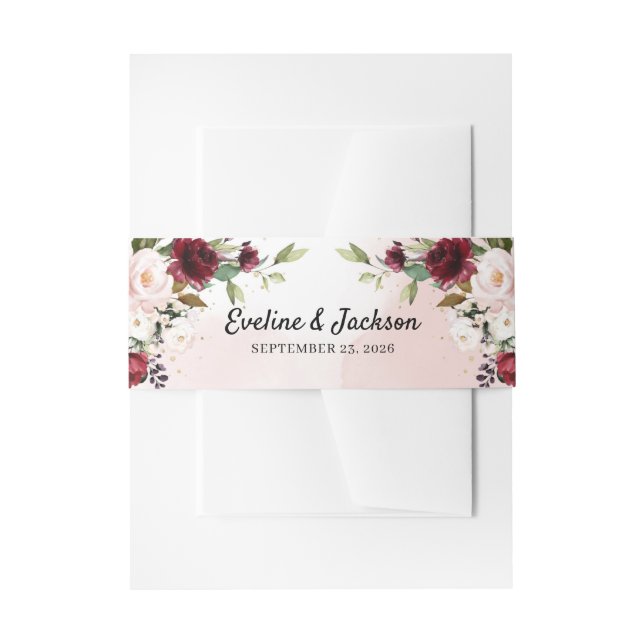 Blush burgundy floral gold greenery wedding invitation belly band (Front Example)
