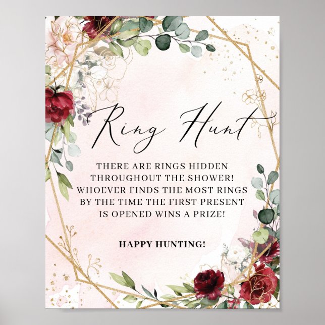 Blush burgundy floral gold ring hunt game sign (Front)
