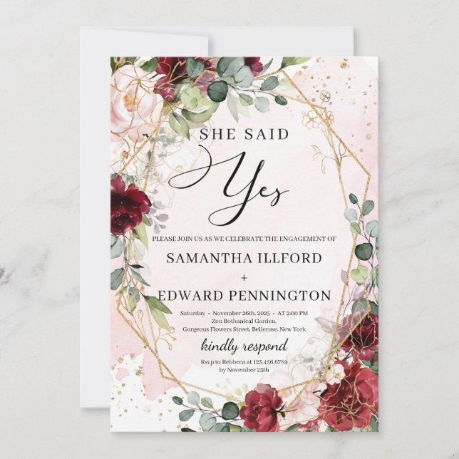 Blush burgundy floral gold she said yes engagement invitation (Front)