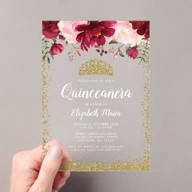 Blush Burgundy Floral Gold Tiara Quinceanera Acrylic Invitations (Insitu (Handheld))