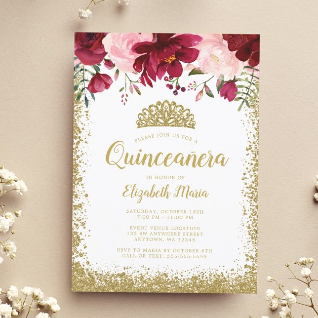 Blush Burgundy Floral Gold Tiara Quinceanera Invitation (Creator Uploaded)