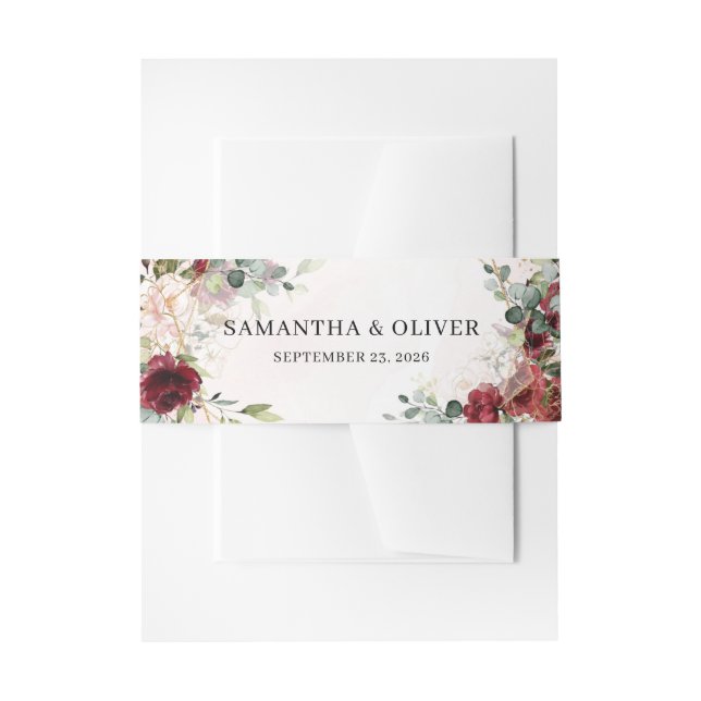 Blush burgundy floral greenery eucalyptus gold invitation belly band (Front Example)