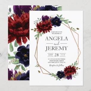 Blush Burgundy Floral Modern Gold Frame Wedding Invitation