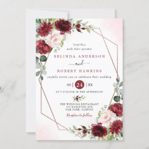Blush Burgundy Floral Modern Gold Frame Wedding  Invitation