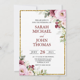 Blush Burgundy Floral Modern Gold Frame Wedding  Invitation