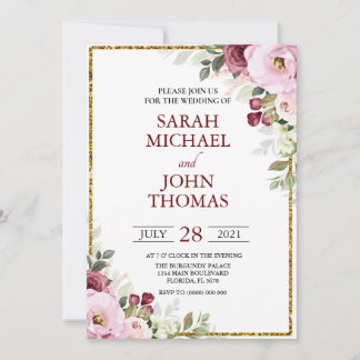 Blush Burgundy Floral Modern Gold Frame Wedding Invitation