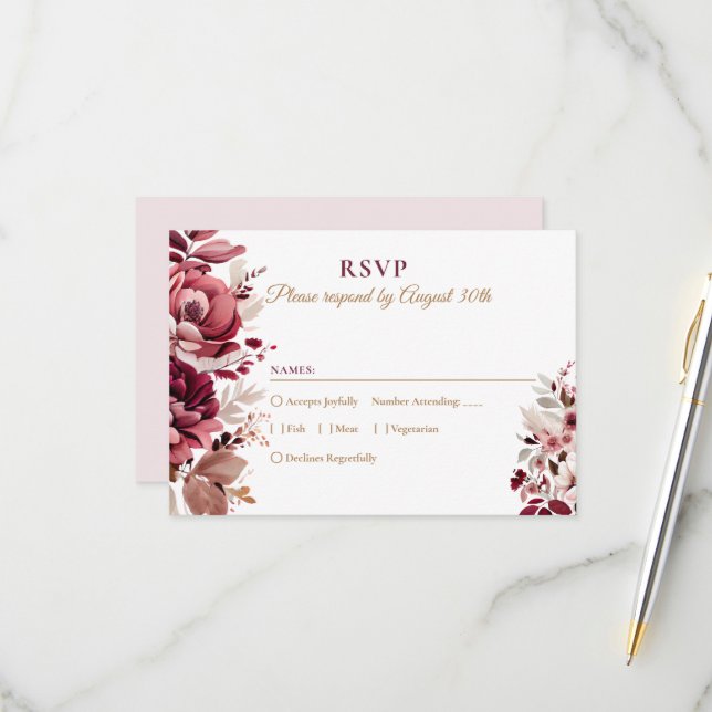 Blush Burgundy Floral Modern Wedding RSVP (Front/Back In Situ)