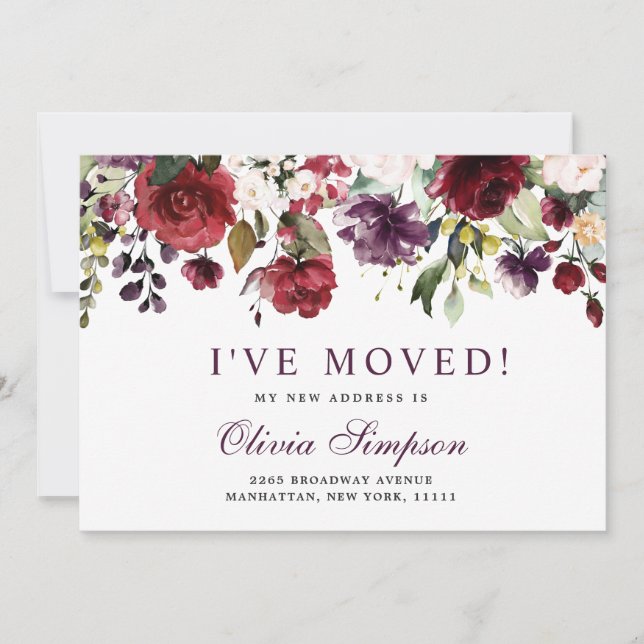 Blush Burgundy Floral Moving Announcement Cards (Front)