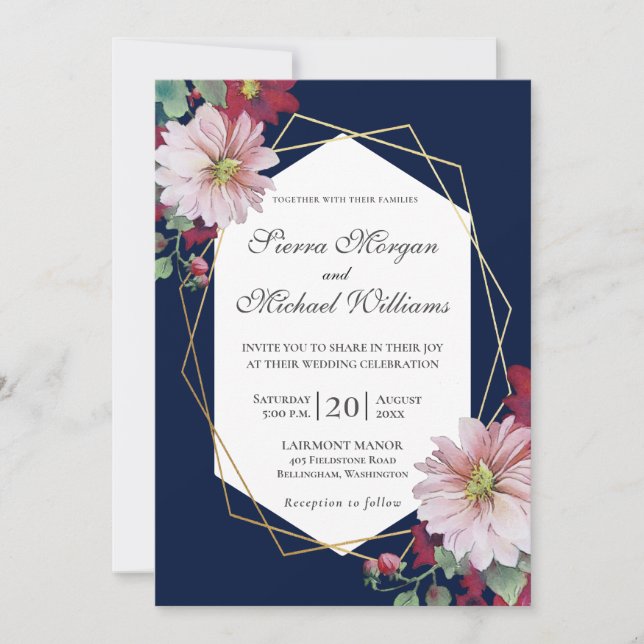 Blush Burgundy Floral Navy Gold Geometric Wedding Invitation (Front)
