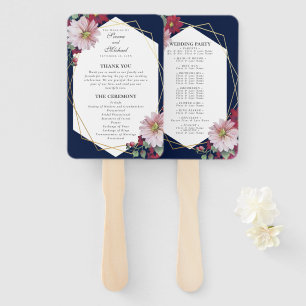 Blush Burgundy Floral Navy Gold Wedding Program Hand Fan