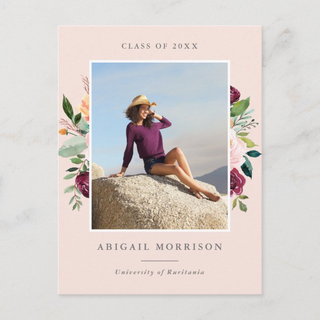 Blush Burgundy Floral Photo Graduation Party Invitation Postcard (Front)