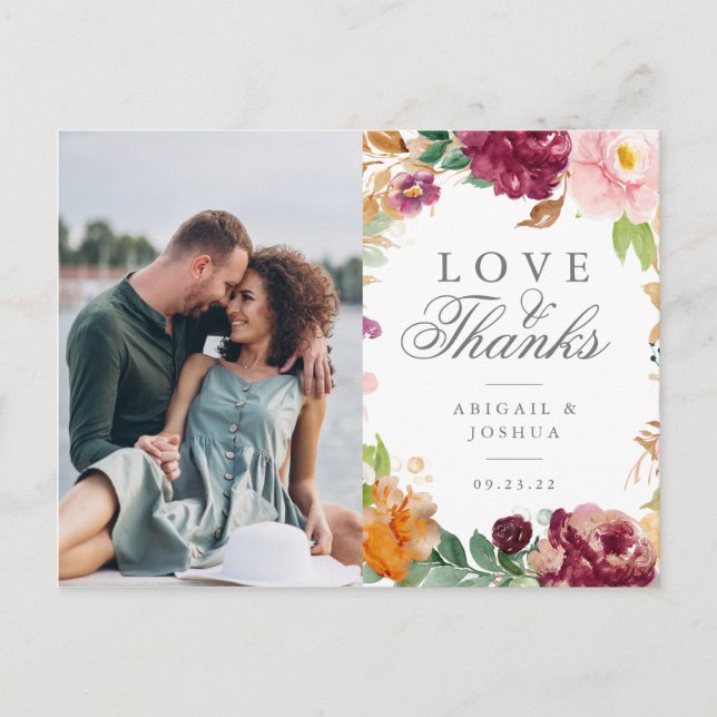 Blush Burgundy Floral Photo Wedding Thank You Postcard (Front)