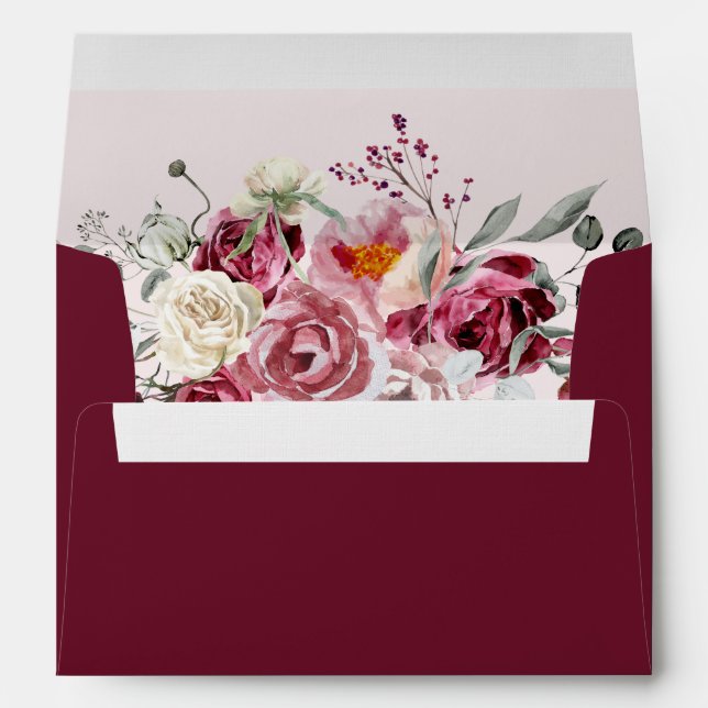Blush & Burgundy Floral Pink Inset Burgundy Linen Envelope (Back (Bottom))