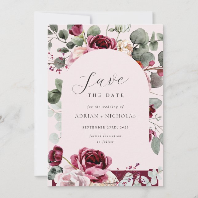 Blush & Burgundy Floral Pink Wedding  Save The Date (Front)