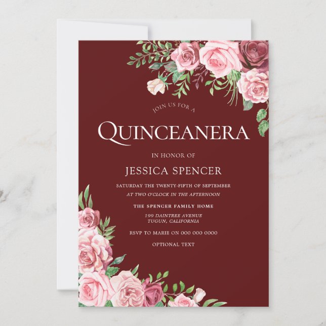 Blush & Burgundy Floral Quinceanera Party Invite (Front)