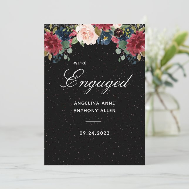 Blush Burgundy Floral Rose Gold Accents Engagement Invitation (Standing Front)