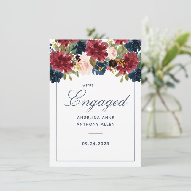 Blush Burgundy Floral Rose Gold Accents Engagement Invitation (Standing Front)