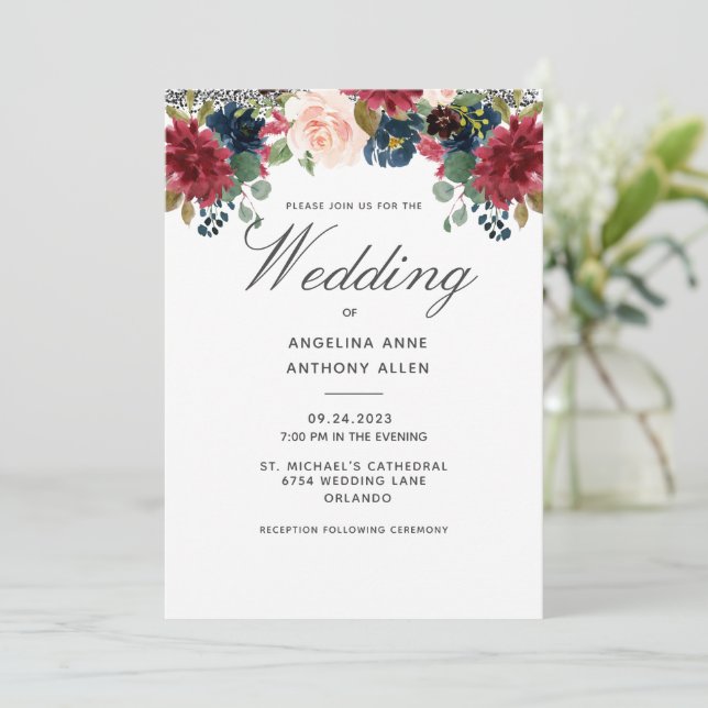 Blush Burgundy Floral Rose Gold Accents Wedding In Invitation (Standing Front)