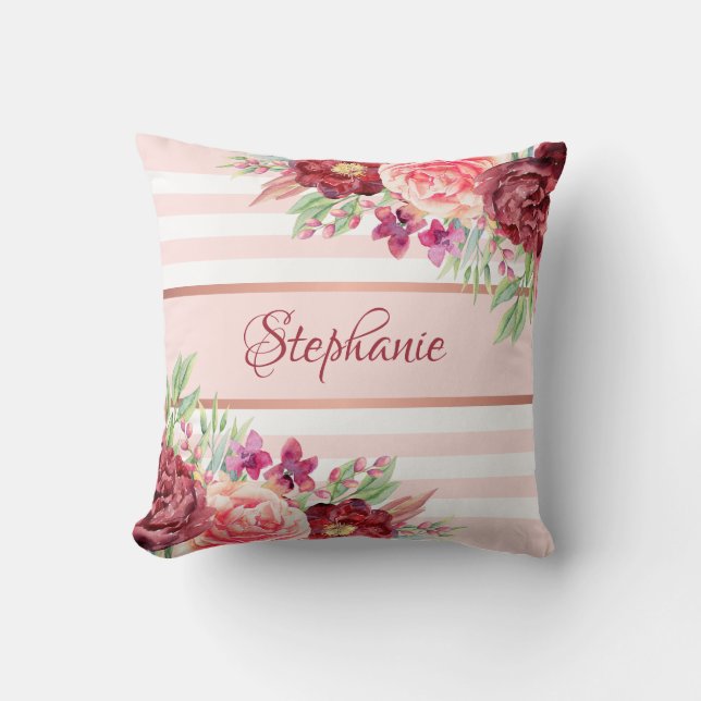 Blush Burgundy Floral Stripes Name Monogram Cushion (Front)