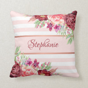 Blush Burgundy Floral Stripes Name Monogram Cushion
