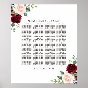 Blush Burgundy Floral Table Seating Chart Wedding