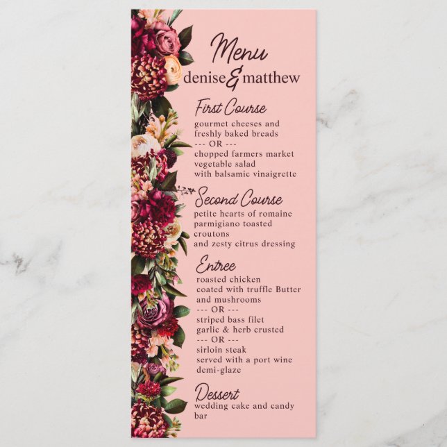 Blush Burgundy Floral Watercolor  Menu (Front)